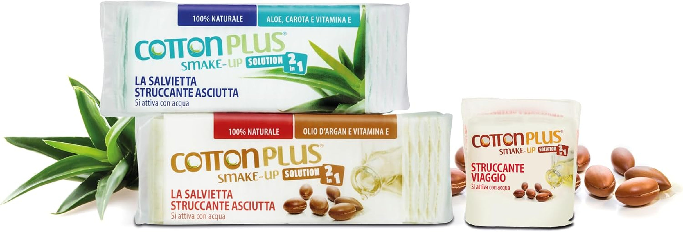 Cotton plus SMAKE-UP ARGAN MINI 20 Pz. "Travel Size" | STRUCCANTE NATURALE! Salviette Struccanti Asciutte Brevettate, Senza Conservanti!