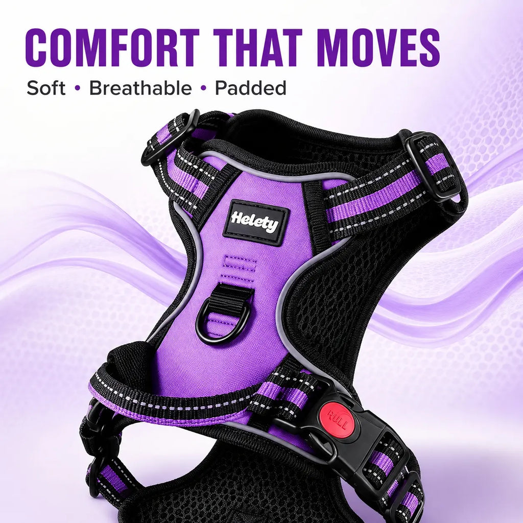HELETY 3-Piece No-Pull Dog Harness Set - Outdoor Running Use, Adjustable Sizes, Reflective Vest, Leash, Waste Bag Holder, Back Clip Relaxed, Dual Clips, S–XL