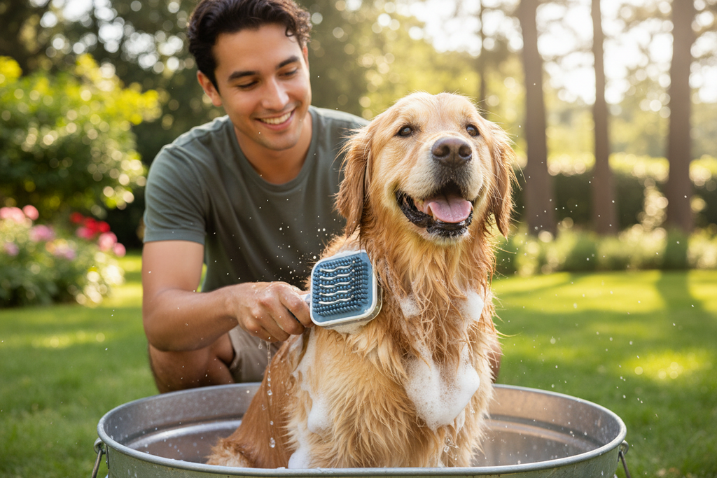 2026 New Universal 2-In-1 Pet Bath & Grooming Deshedding Brush with Built-In Soap Dispenser, 8In×3In×4In Gentle Massage Aid for Dogs & Cats, Enhances Beauty/Hair Care, Saves Dry Shampoo, Bathing